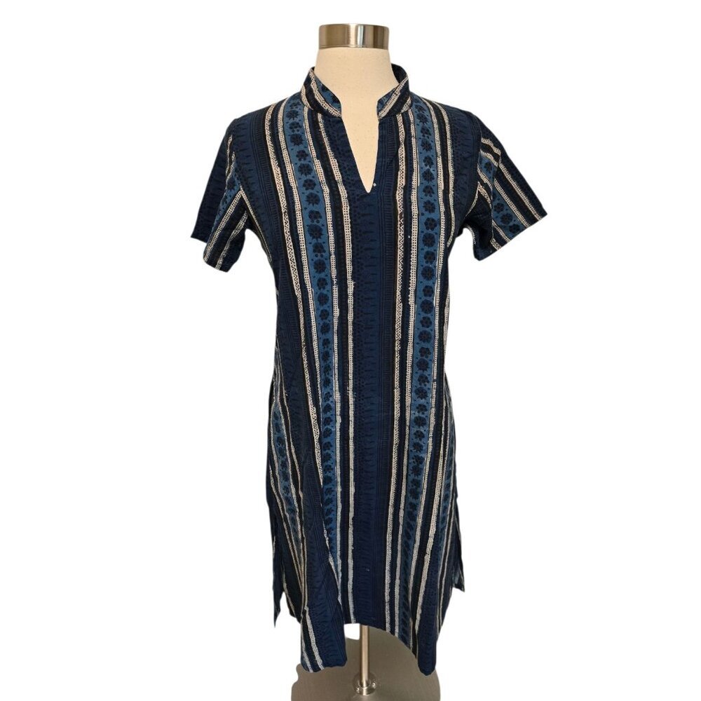 Striped Navy Midi Dress with Split V-Neck